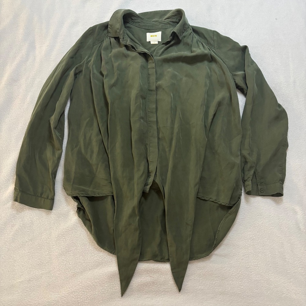 Maeve Anthropologie Olive Green Tie Front Button Down Blouse Shirt Small